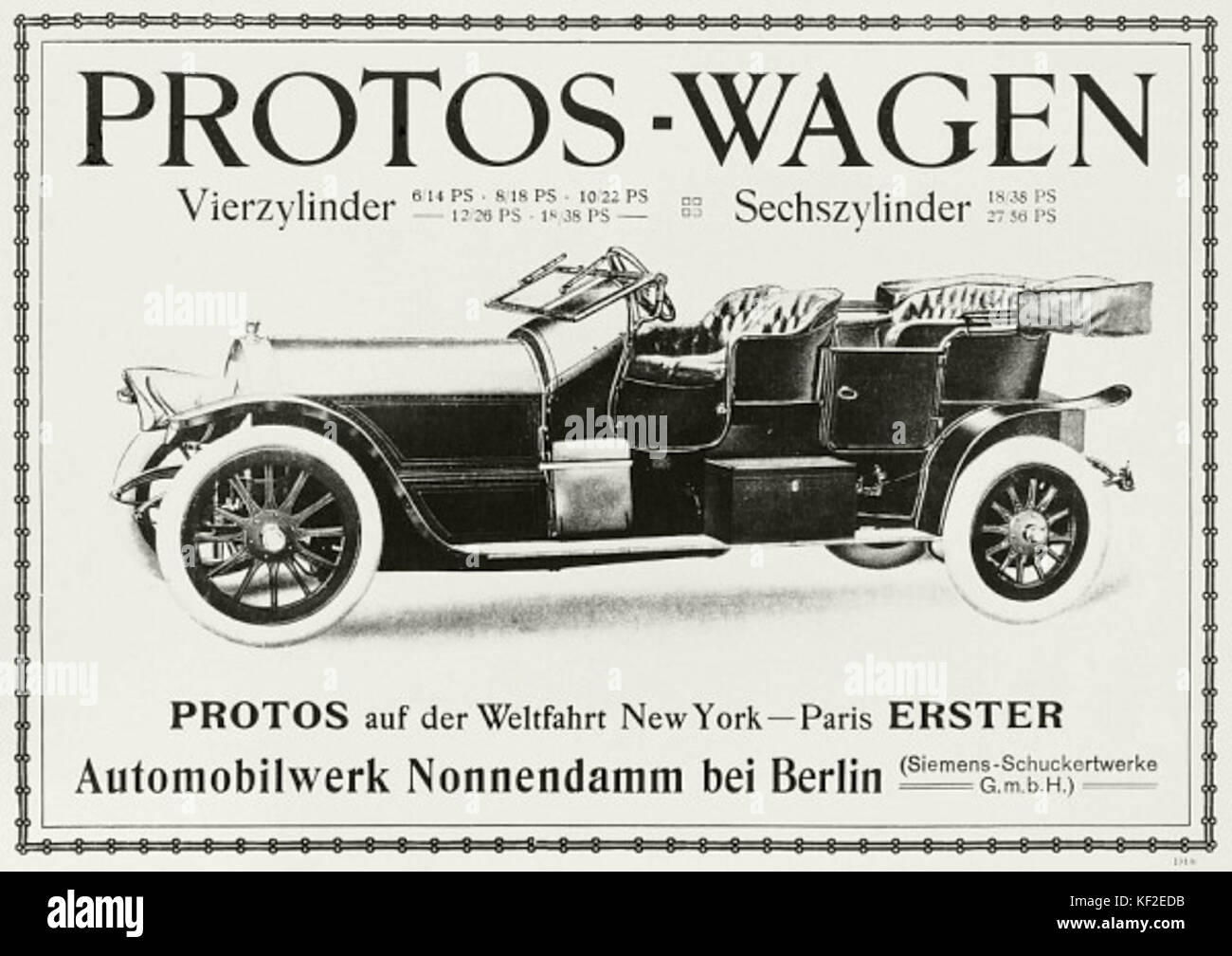 Der Protos Oldtimer, ein klassisches Auto aus dem frühen 20. Jahrhundert, repräsentiert die Fortschritte in der Automobiltechnik in den Anfängen der Automobilherstellung. Sie spiegelt sowohl den technologischen Fortschritt als auch den Stil der Epoche wider. Stockfoto