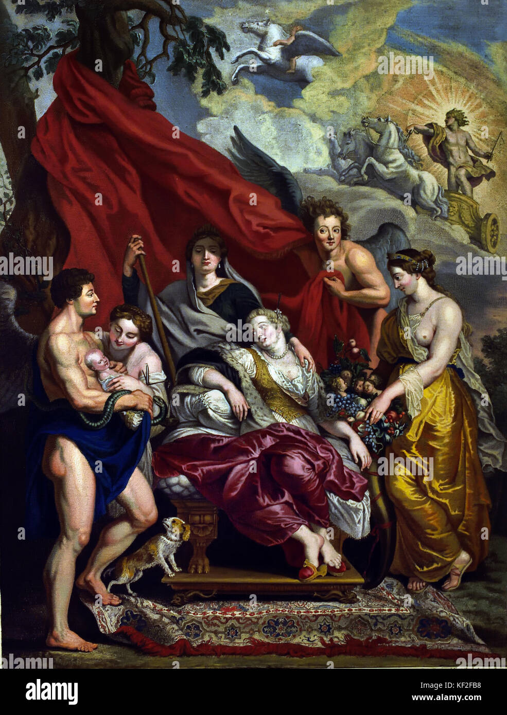 Narodenie Ľudovíta XIII. Benoit Audran - rytec, Jean Marc Nattier - Peter Paul Rubens, der Autor des ursprünglichen (1577-1640) Maler in der flämischen Barockmalerei Tradition. Antwerpen, Antwerpen, Belgien, (Maria de Medici Zyklus) Stockfoto