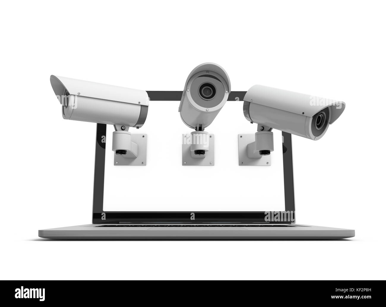 Online-Sicherheit. Laptop mit Überwachungskameras. 3D-Rendering Stockfoto