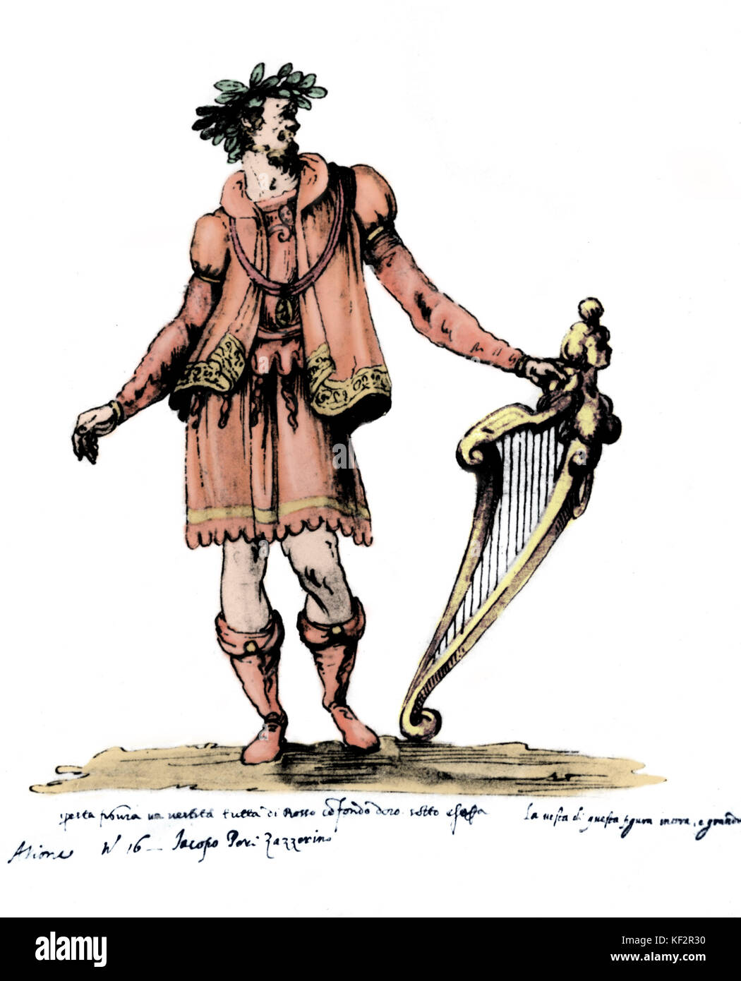PERI, Jacopo - in Kostüm wie Arion. Italienischer Komponist und Sänger, 1561-1633. "Diese Zahl ist in rot über gold Stiftung gekleidet zu sein. Unter ist er ein Schwert zu tragen. Das Kostüm von dieser Zahl ist zu groß. Szene Nr. 16 Jacopo Peri die Rothaarige." eingefärbte Version. Stockfoto