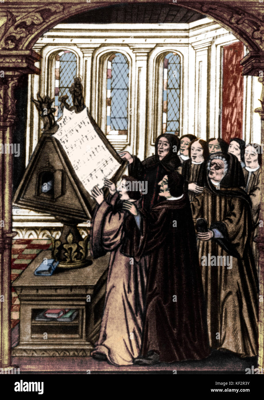 Johannes Ockeghem am Rednerpult, Gravur 1537. Ockeghem ist dritter von links, Brille trägt. Flämische Komponist (1420-1497). Eingefärbte Version. Stockfoto