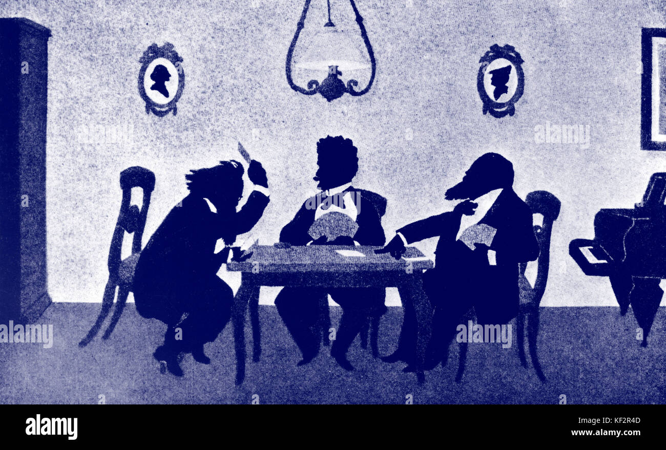 Johannes Brahms, Johann Strauß & Hans Richter spielen 3-Hand Karten von Boehler. JB: Deutscher Komponist. JS: Deutscher Komponist. HR: ungarische Dirigent. Stockfoto