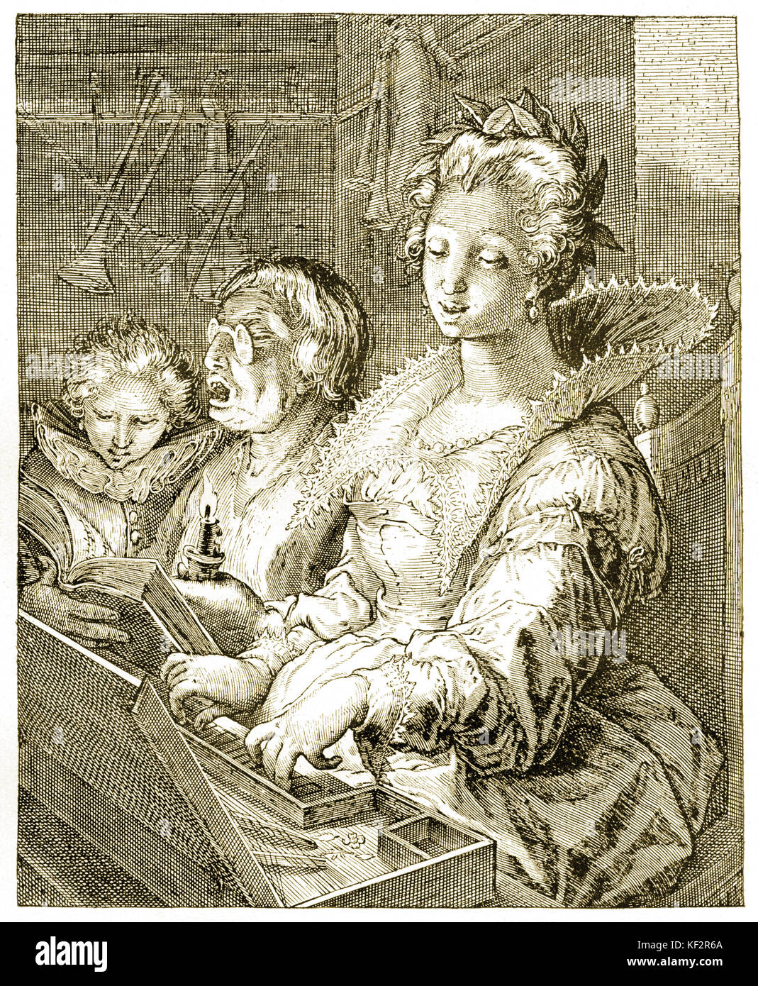 "Die Dame am Spinett' mit Lautenspieler und Sänger. Kupferstich von Hendrik Goltzius. (1558-1617) Stockfoto