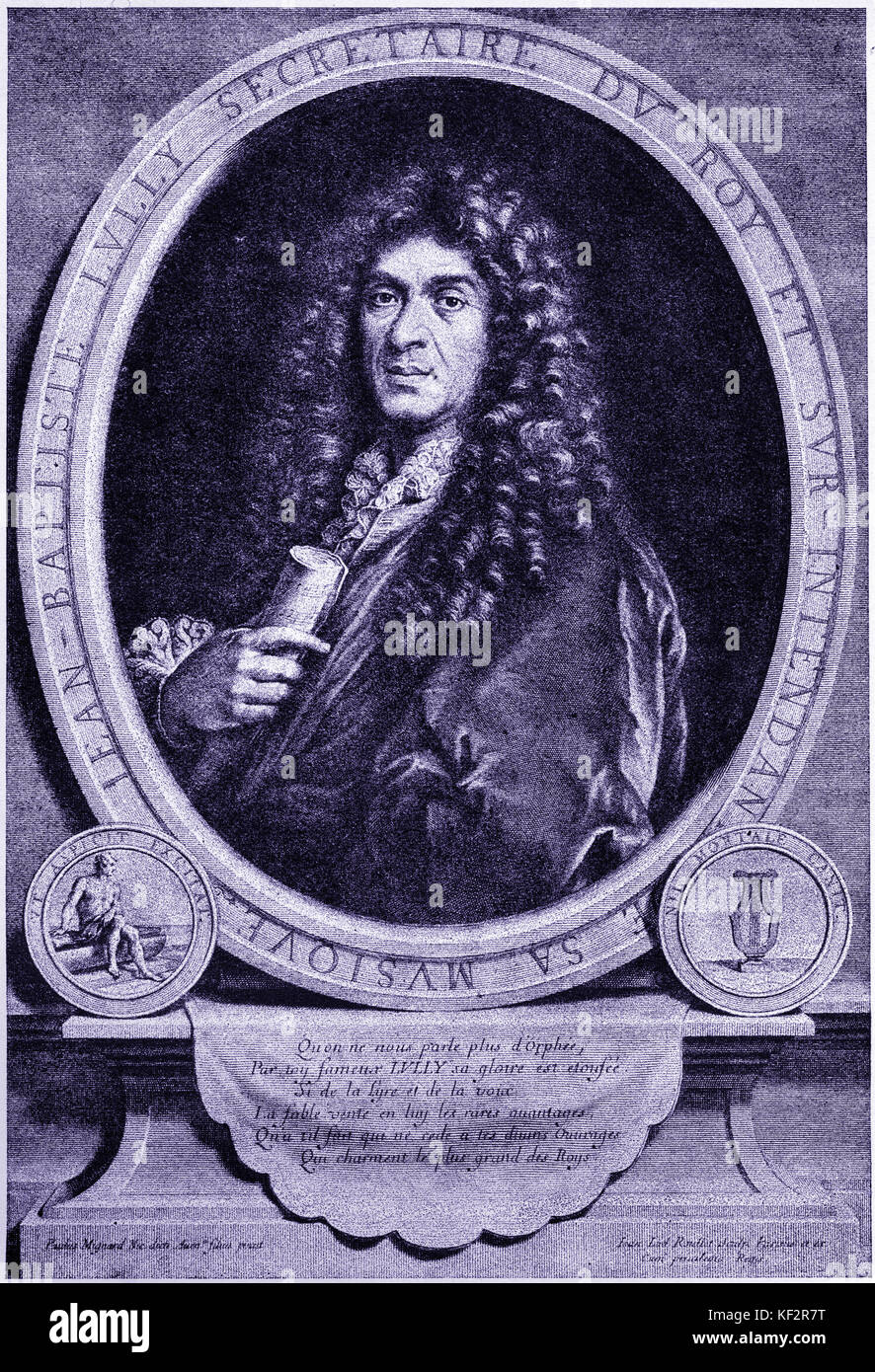 Jean Baptiste Lully, graviert Portrait von roullet nach Mignard. 'Grenzüb ergreifend e Komponist, 28. November 1632 - vom 22. März 1687. Stockfoto