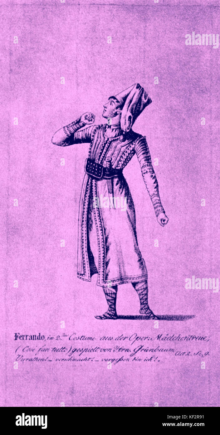 Wolfgang Amadeus Mozarts "Cosi fan tutte". Kostüm von Ferrando aus einem zeitgenössischen Kupferstich, mit Herrn Gunbaum in der Rolle. Akt I, Szene 2. Stockfoto