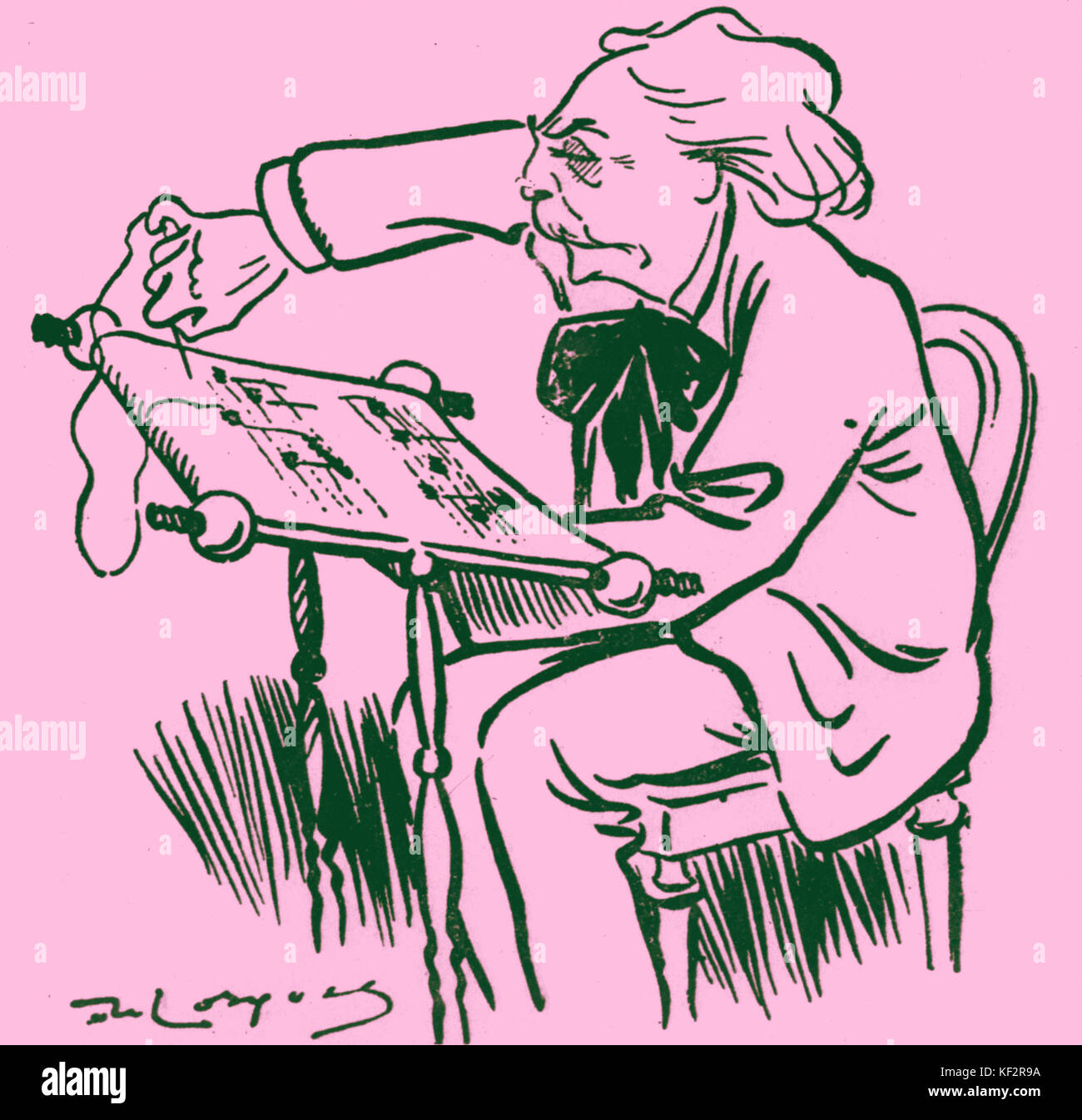 Karikatur von FAURÉ von "Le Rire, 1913. Von Daniel de Loscques gezeichnet. Bildunterschrift lautet: "Gabriel Fauré tisse sa Partition de Pénélope". "Gabriel Fauré spinnt seine Kerbe von Abraham' Stockfoto