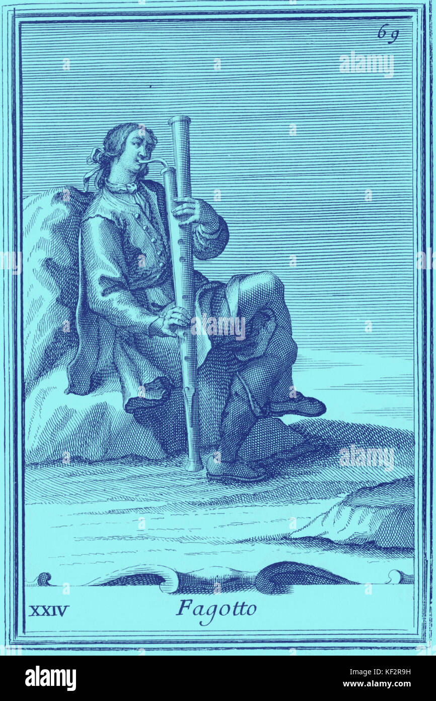 Barocke Fagott Musiker. Gravur von bonanni's 'Gabinetto Armonico', 1723. Abbildung 24 Fagotto. Kupferstich von Arnold Van Westerhout. Stockfoto