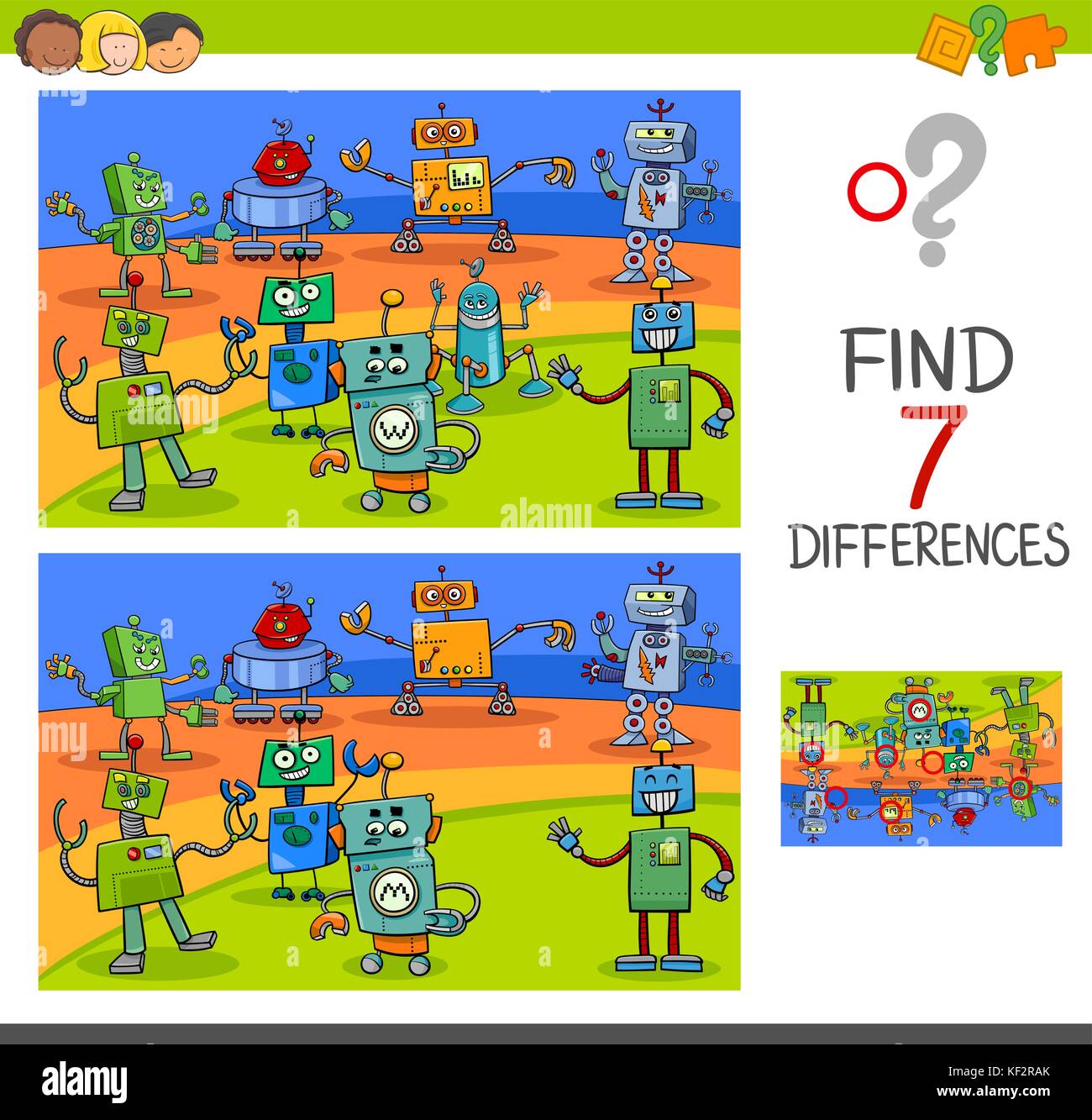 Cartoon Illustration der Unterschiede zwischen Bilder pädagogische Tätigkeit Spiel für Kinder mit lustigen Roboter zeichen Gruppe Stock Vektor