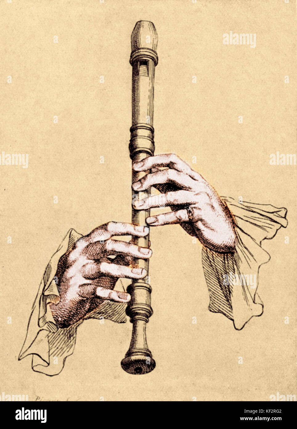 Jacques Hotteterre "principes de la Flöte." Paris, 1707 Radierung von B Picart mit den richtigen Weg für die Abhaltung der Blockflöte (Flöte ein Bec/flute Douce). Barocke Recorder. Hotteterre, Flötist und Autor mehrerer Handbücher des Instruments und andere, 29. September 1674 - vom 16. Juli 1763 Stockfoto