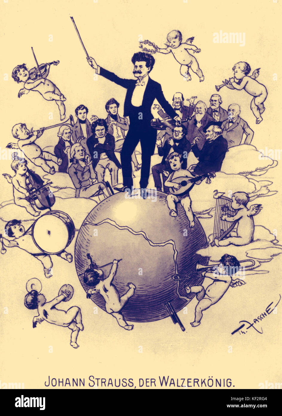 Johann Strauss II als "Walzerkönig" (König der Walzer). Im Hintergrund; Beethoven, Haydn, Mozart, Schubert, Wagner, Brahms, Offenbach, Verdi und Bruckner. Der oesterreichische Komponist, Dirigent und Violinist, 1825-1899 Stockfoto