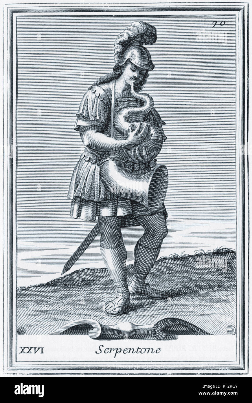 Messing Schlange player - Gravur von bonanni's 'Gabinetto Armonico" von Arnold Van Westerhout. (1723), Abbildung 26 Serpentone Stockfoto
