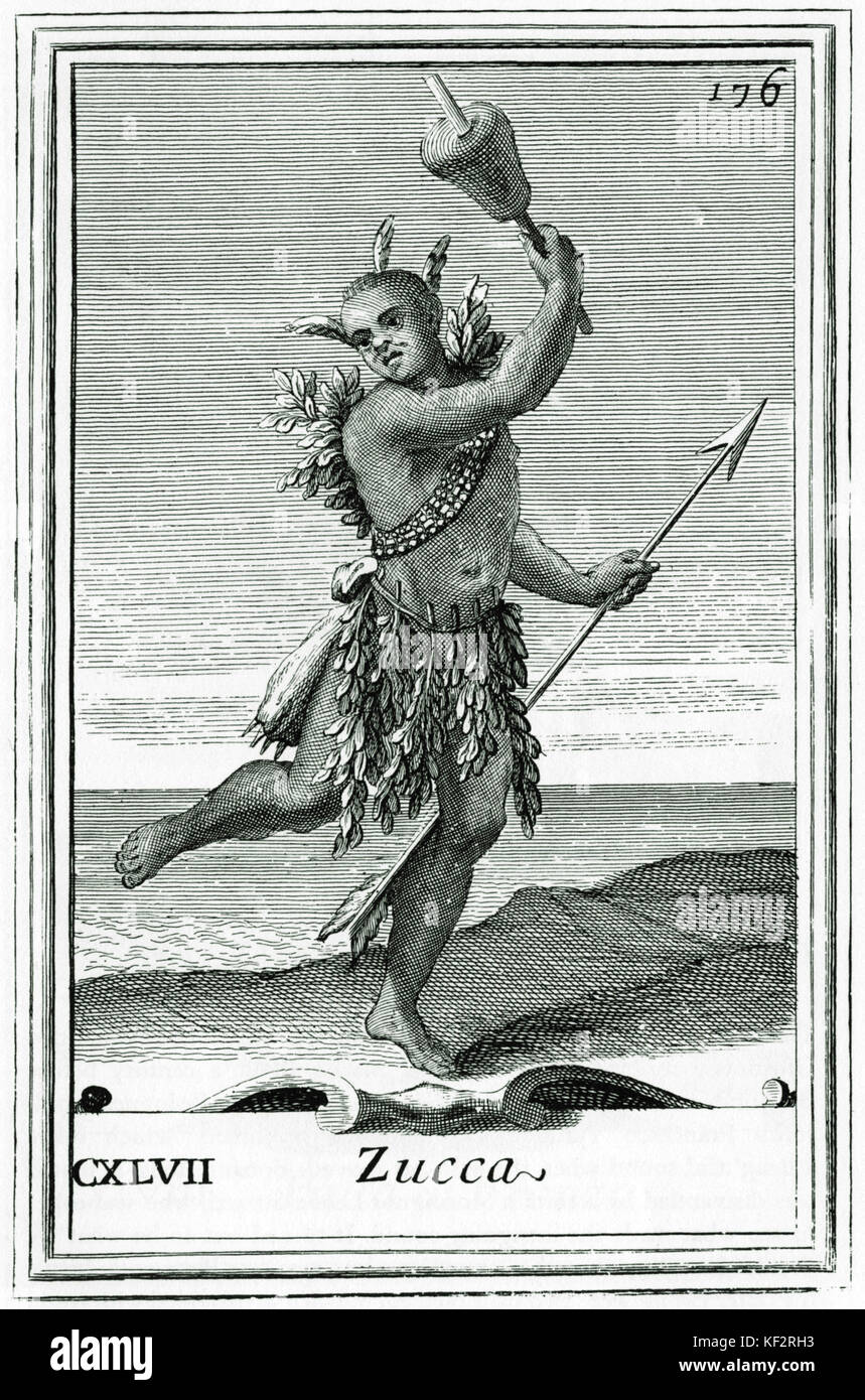 American Indian holding Kürbis Rassel (zucca) Gravur von bonanni's 'Gabinetto Armonico" (1723) von Arnold Van Westerhout. Abbildung: 147 Stockfoto