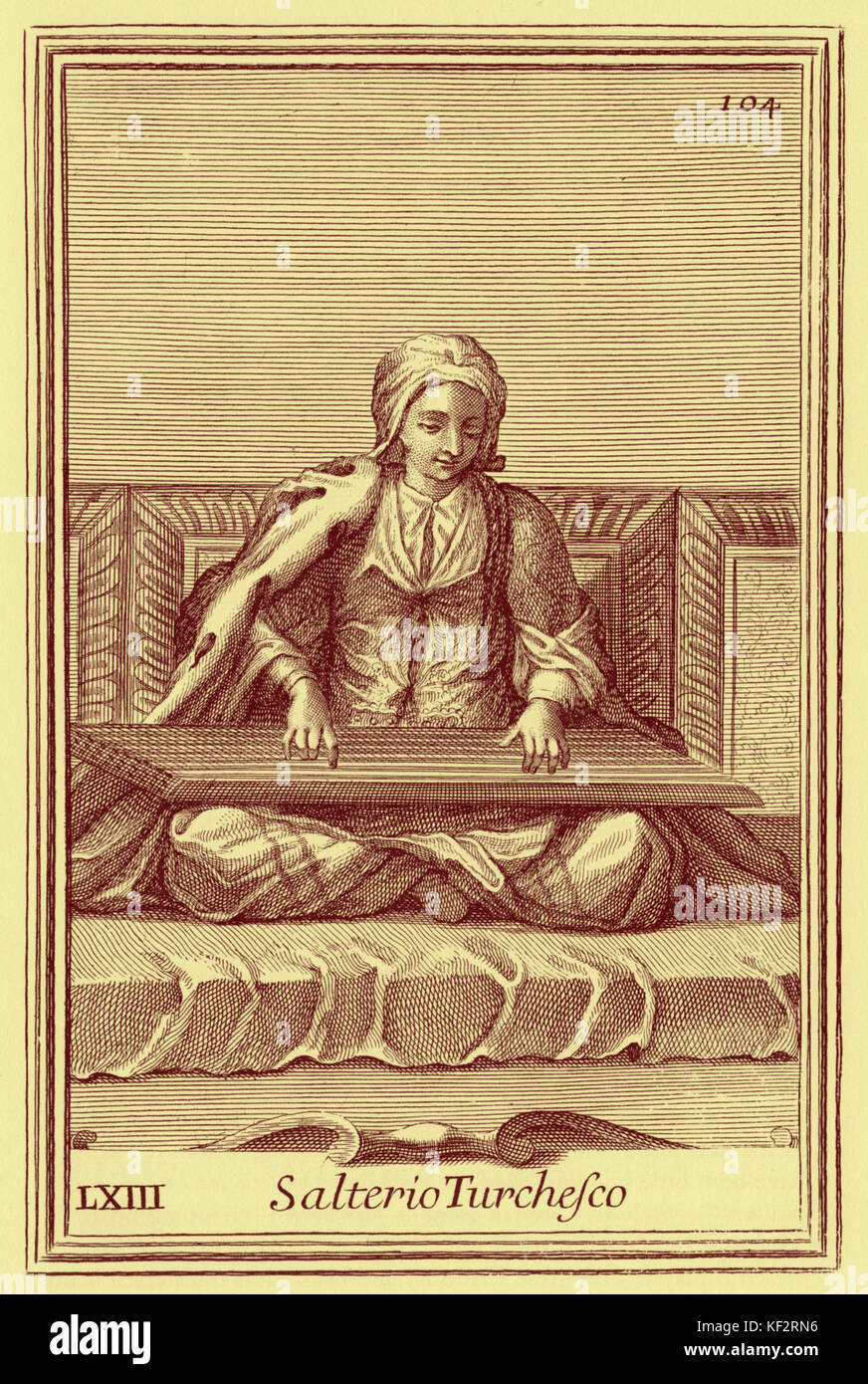 SALTERIO TURCHESCO (Türkische Psalter) gespielt, mit den Fingern, durch Frau in Orienta Kleid. Von Bonanni's 'Gabinetto Armonico', 1723. Von Arnold Van Westerhout. Abbildung 63. Stockfoto
