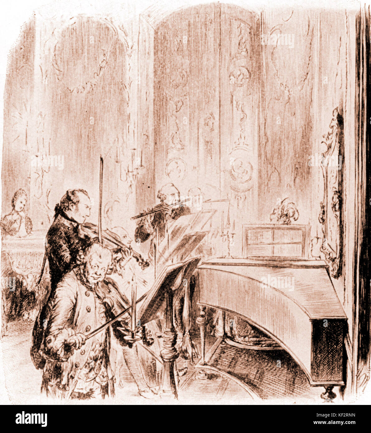 Friedrich der Große - Abendkonzert in König Friedrich's Palace in Potsdam. BENDA und der Kronprinz von Brunswick als Geiger. Von Adolph Menzel. Stockfoto