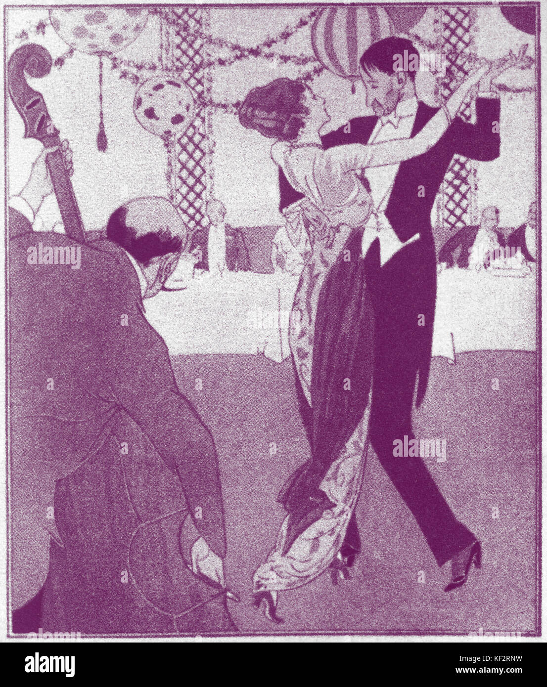 Tanzen - TANGO Lithographie zeigt Paar tanzt den Tango im Ballsaal. Musik, gespielt auf Kontrabass 1920 s Stockfoto