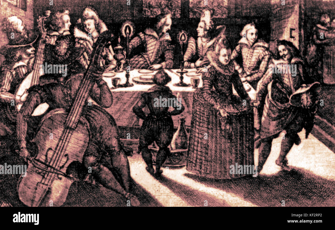 Cello-Barock. Anfang des 17. Jahrhunderts. Niederländische Abbildung: Nach dem Abendessen mit Musik. Paar tanzen zu Musik für Cello & Laute Stockfoto