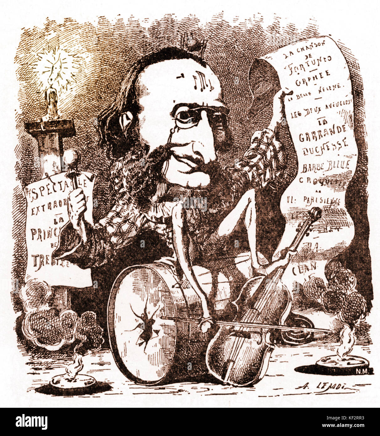 OFFENBACH, Jacques Zeitgenössische französische Karikatur. Offenbach komponieren und spielen Geige mit seinen Werken rund um himGerman/französischen Komponisten (1819-1880) Stockfoto