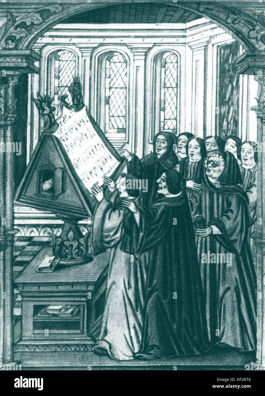 Johannes Ockeghem am Rednerpult, Gravur 1537. Ockeghem ist dritter von links, Brille trägt. Flämische Komponist (1420-1497). Stockfoto