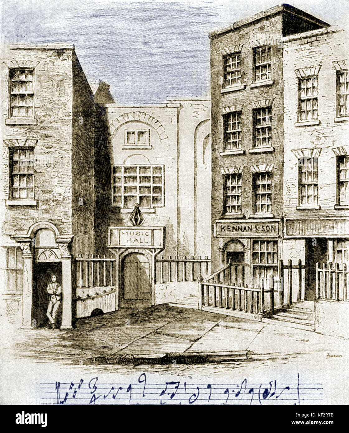 Georg Friedrich Händels "Messias" wurde zum ersten Mal 1742 produziert, an Neal's Music Hall auf Fishamble Street, Dublin. Zeichnung von F.W. Fairhold (1814-1866). Deutsch-englischer Komponist (1685-1759). Stockfoto