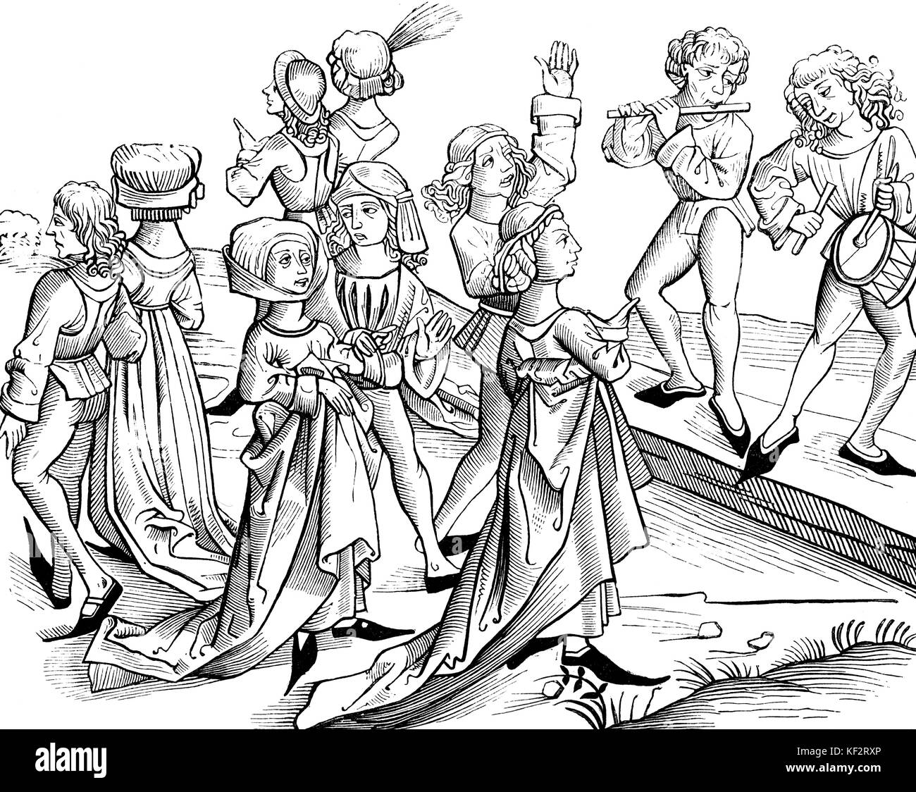 Mittelalterliche Tänzer und Musiker spielen Pipe & Tabor in der Weihnachtsnacht - Abbildung von S. Wolgmuth 1493. Von "Liber Chronicarum Mundi". Stockfoto