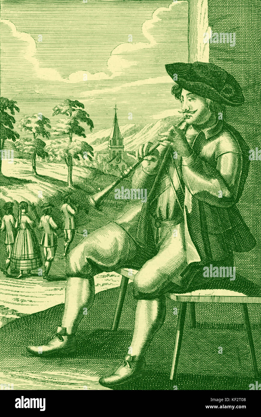 Anfang des 18. Jahrhunderts Gravur von Mann mit Schalmei. Kupferstich von J C Weigel (1661-1726). Frühes Holzblasinstrument, Vorläufer der Oboe. Stockfoto Anfang des 18. Jahrhunderts Gravur von Mann mit Schalmei. Kupferstich von J C Weigel (1661-1726). Frühes Holzblasinstrument, Vorläufer der Oboe. Stockfoto