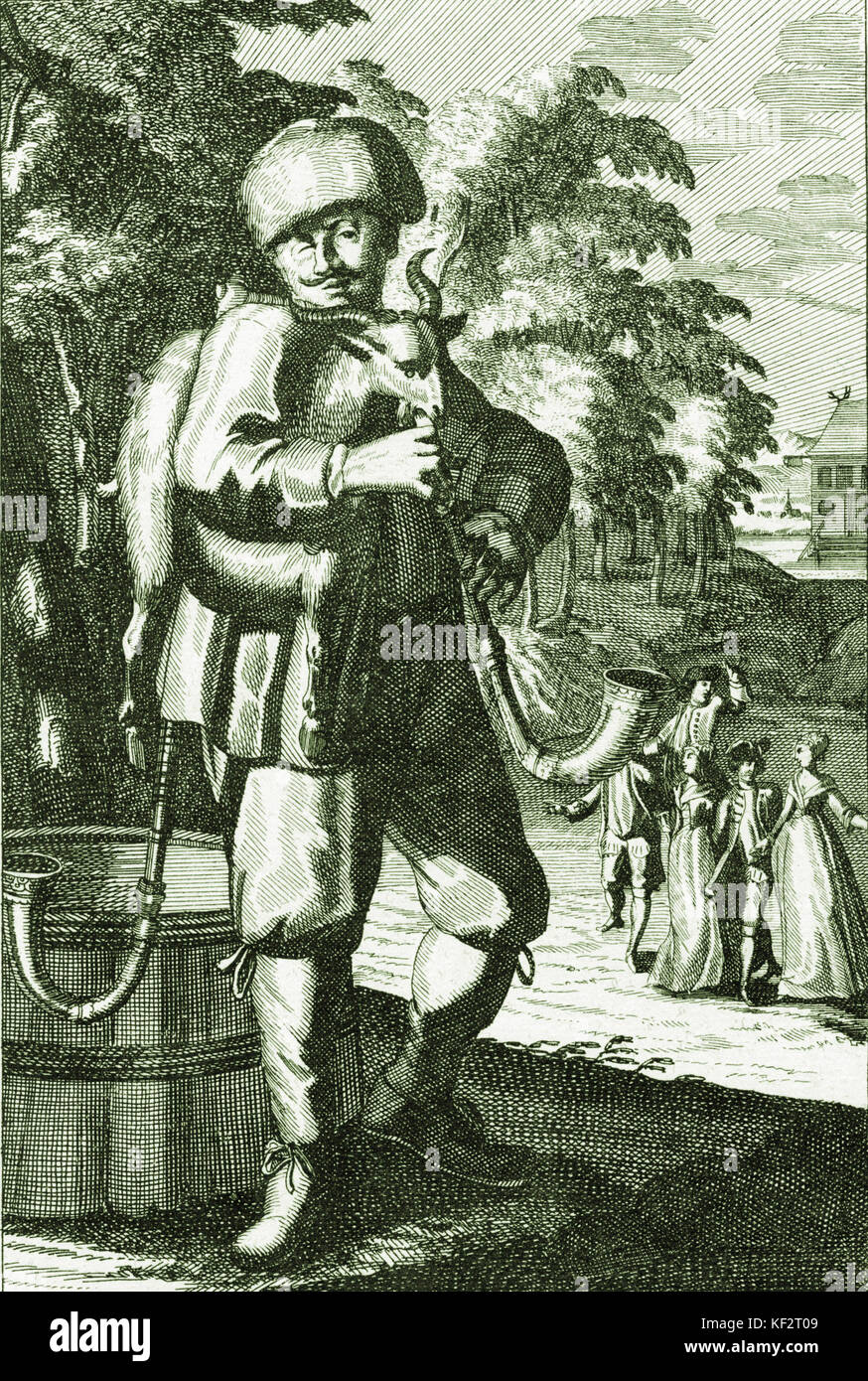 Anfang des 18. Jahrhunderts der Mann mit Dudelsack. Hier als "Polnische Ziege" beschrieben. Kupferstich von J C Weigel (1661-1726). Dudelsack und Dudelsackspieler Stockfoto