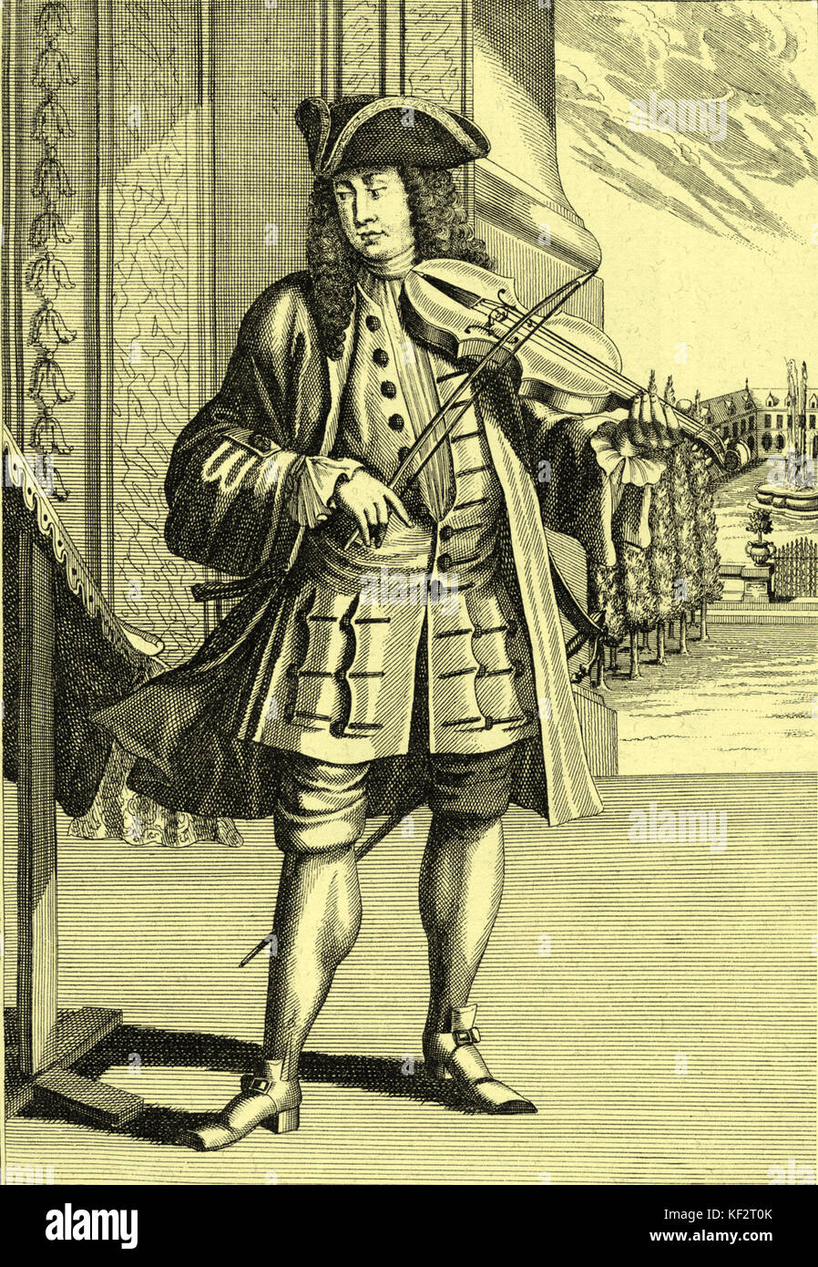 Mann spielt Barockvioline. Kupferstich von J C Weigel (1661-1726) von 'Musikalisches Theatrum'. Stockfoto