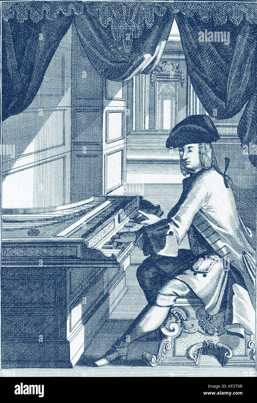 Cembalist. Kupferstich von J.C. Weigel (1661-1726) von "usicalisches Theatrum'. (Glavicimbal Clavicymbal), d. h. kodiert, Hackbrett oder Cembalo Stockfoto