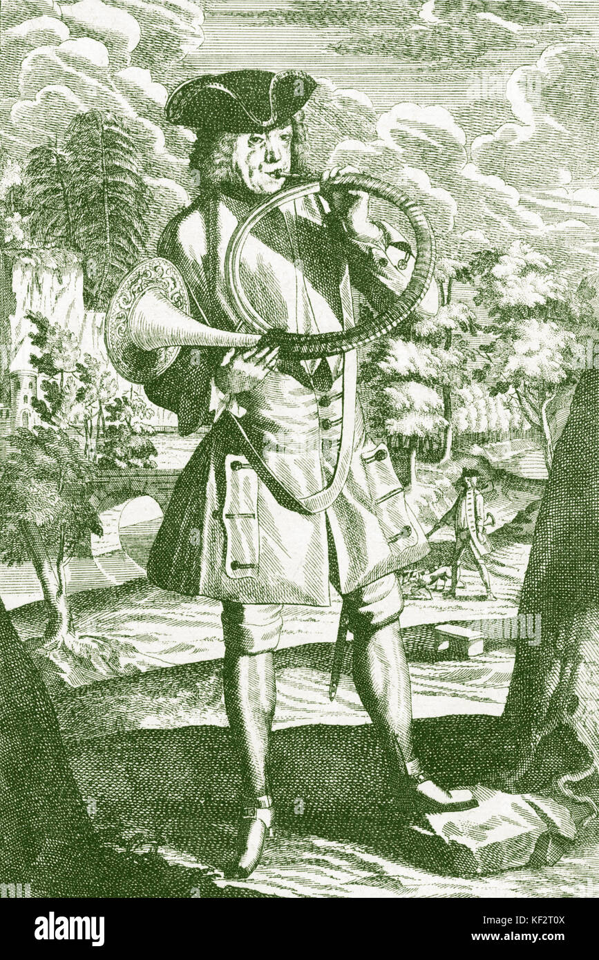 Mann spielt Horn (Horn). Kupferstich von J C Weigel (1661-1726) von 'Musikalisches Theatrum'. Deutsch: Waldhorn; Fr: Cor d'Harmonie; Es: Corno a mano. Stockfoto