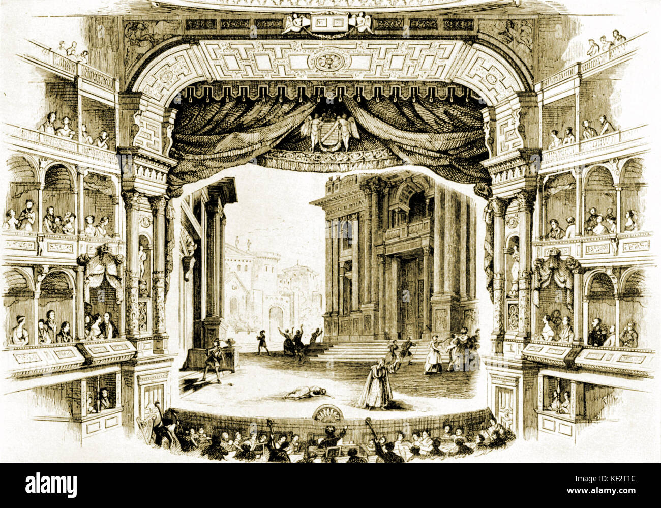 Die Leistung von Richard Wagners Oper Rienzi. Szene aus "Première am Dresdner Hoftheater am 20. Oktober 1842. Vierter Akt, letzte Szene. Von einem Stich im Jahr 1843 gemacht. Stockfoto