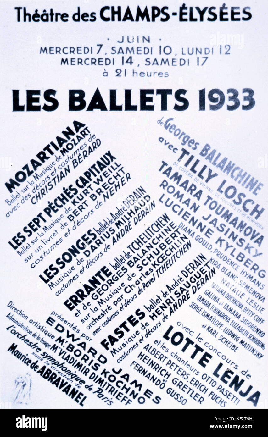 Les Ballets 1933 Plakat, Werbung Leistungen am Théâtre des Champs-Elysées, Paris, Frankreich. Unternehmen von George Balanchine, Russisch-amerikanische Choreograf, 22. Januar 1904 - 30. April 1983 gegründet. Stockfoto