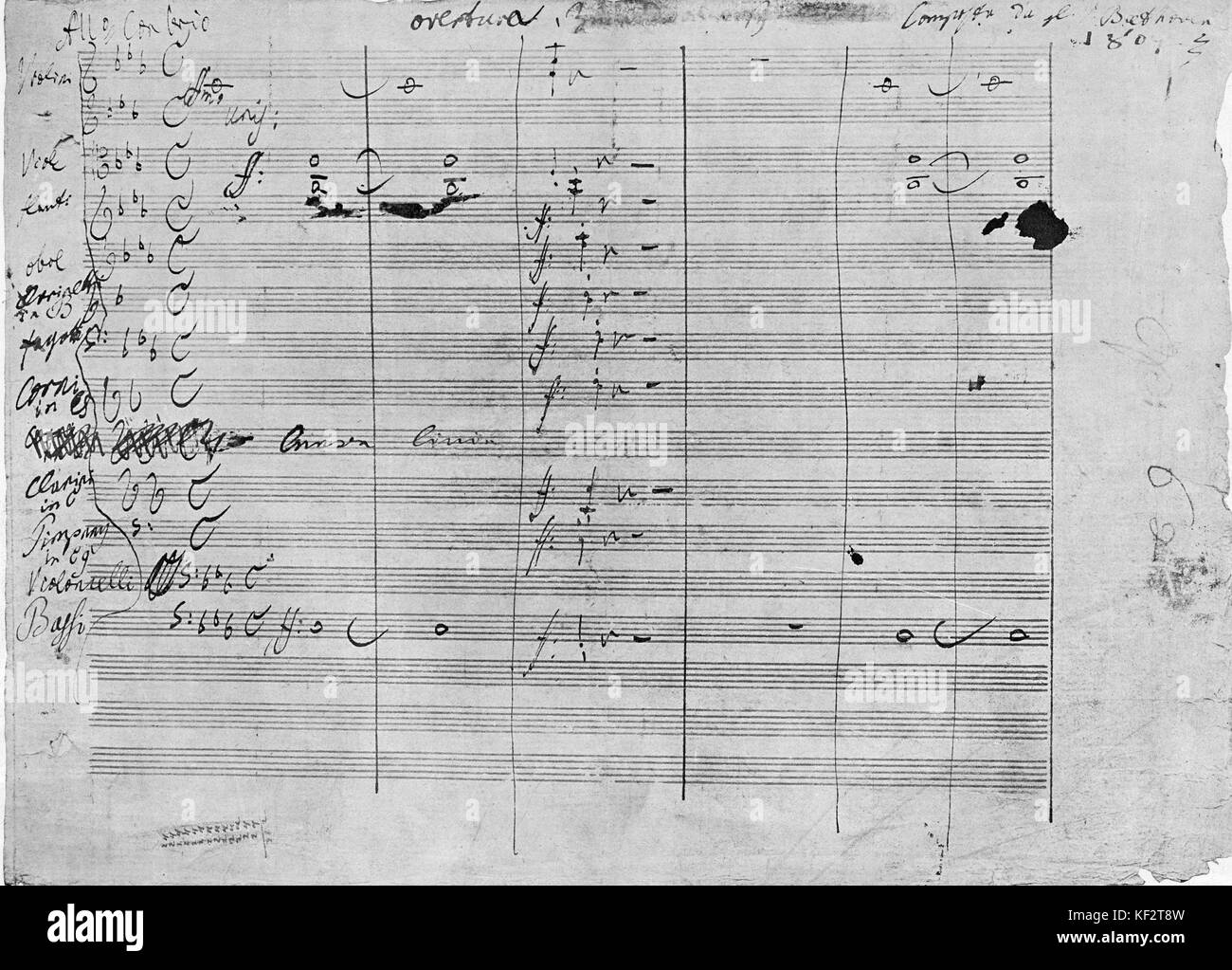Das erste Manuskript Seite von coriolan Ouvertüre von Ludwig van Beethoven. Deutsche Komponist, 17. Dezember 1770 - vom 26. März 1827 (1807 für Heinrich Joseph von Collin's Tragödie 1804 über römische Anführer Gaius Marcius Coriolanus) Stockfoto