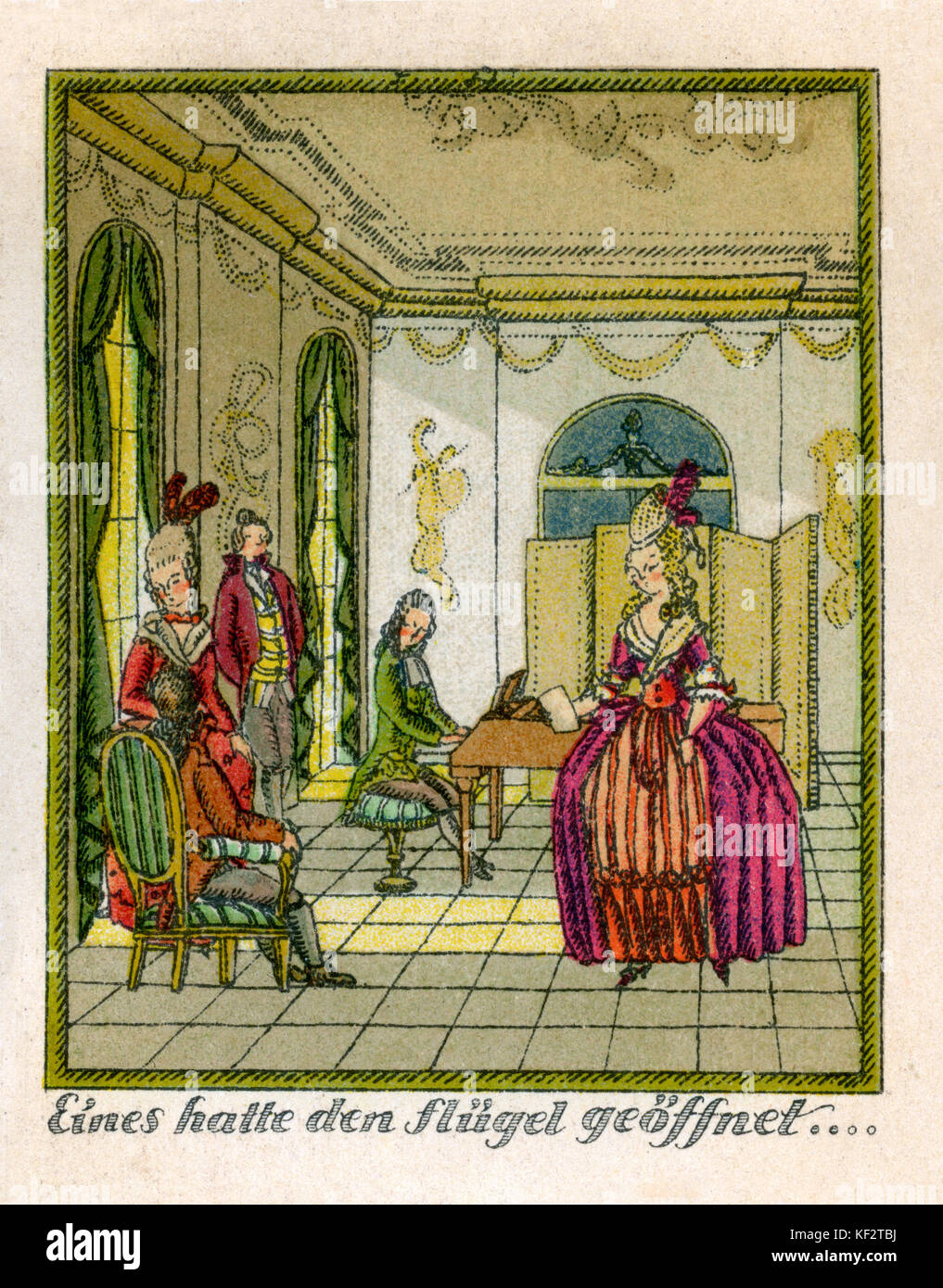 Mozarts Reise nach Prag, 1856. Fiktive Konto von Mozarts Reise mit seiner Frau Constanze im Herbst 1787 nach Prag, wo seine Oper Don Giovanni war auf Premiere. Bildunterschrift lautet: "Eines hatte den Flügel geöffnet' [' Einer von ihnen öffnete die Grand Piano'] hatte. Eugenien Gesang ein Stück aus der Hochzeit des Figaro, begleitet von dem Baron, an der Schinzberg Manor House. EM: Deutsche romantische Dichter und Autor, 8. September 1804 - vom 4. Juni 1875. WAM: Österreichischer Komponist, 27. Januar 1756 - vom 5. Dezember 1791. Stockfoto