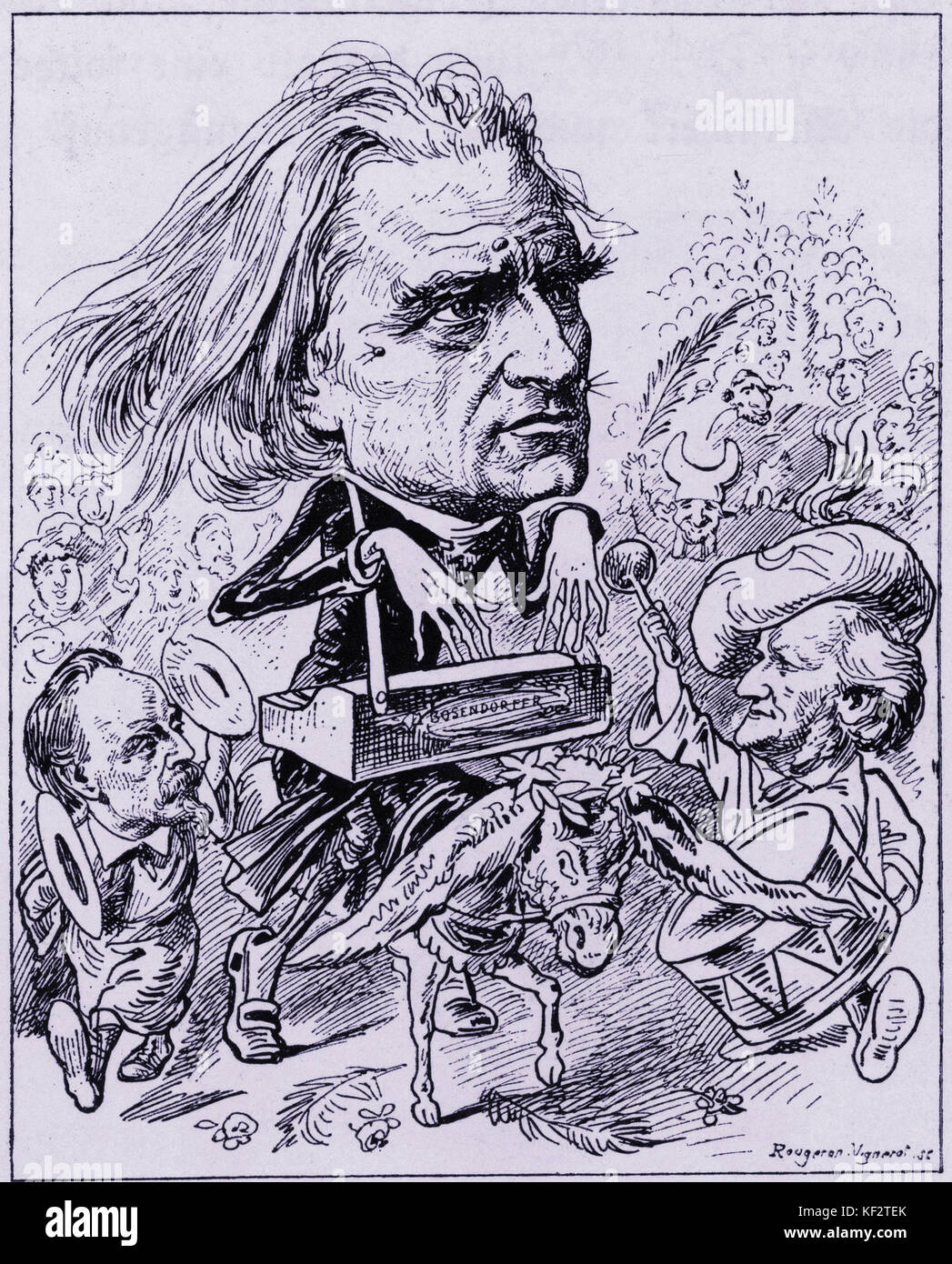 WAGNER, Richard - Karikatur mit dem Titel "Die neuesten Messias der Juden". Der allerneueste Messias der Juden. Mit BÜLOW spielen Zimbeln und Liszt spielen eine tragbare Bosendörfer. Reiten ein Esel trägt einen Kranz um die Ohren (wie Jesus) Wagner gespielt. Deutsche Komponist & Autor, 1813-1883 Stockfoto