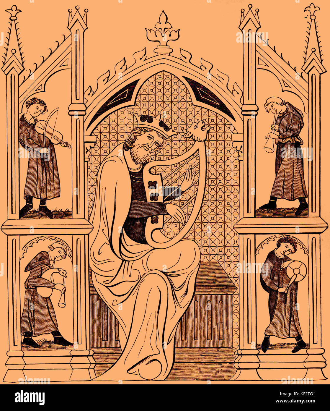 König David spielen eine Lyra, umgeben von vier weiteren Musikern spielt eine Vielzahl von Instrumenten, einschließlich der Dudelsack, die Trommel, ein Lira und eine Trompete, aus dem dreizehnten Jahrhundert. David ist oft mit Musik in biblischen Texten verbunden ist und als "Liebling der Lieder Israels" bezeichnet. Stockfoto