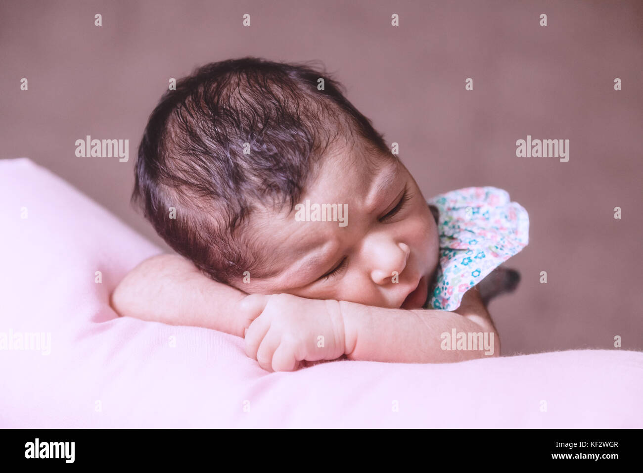 Nahaufnahme, Porträt einer niedlichen Zwei Wochen alte Neugeborene Mädchen mit einem geblümten Kleid, schlief friedlich über ein Kissen/Neugeborenen baby portrait cute Stockfoto