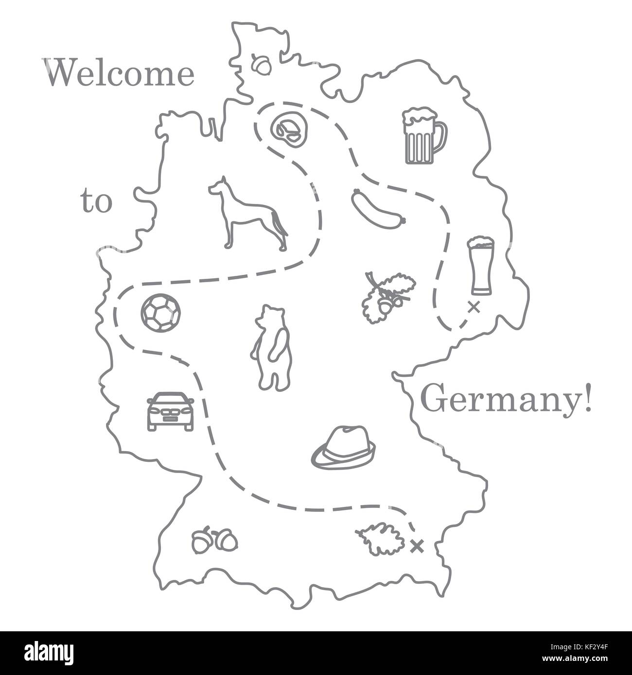 Vector Illustration mit verschiedenen Symbolen in Deutschland. Reisen und Freizeit. Design für Banner, Poster oder Drucken. Stock Vektor