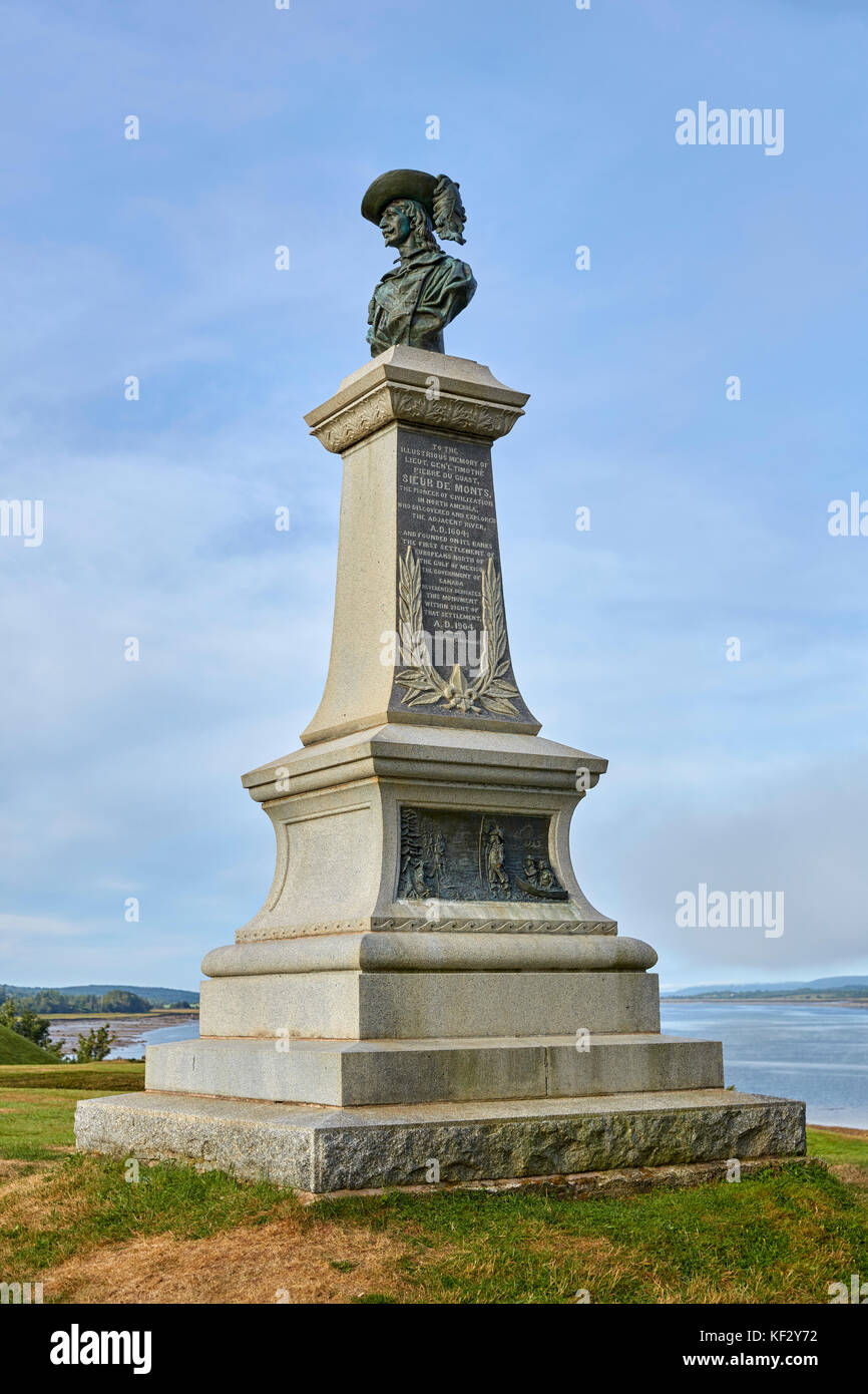 Pierre Dugua Sieur de Mons Denkmal, Charles Fort National Historic Site, Fort Anne, Annapolis Royal, Nova Scotia, Kanada Stockfoto