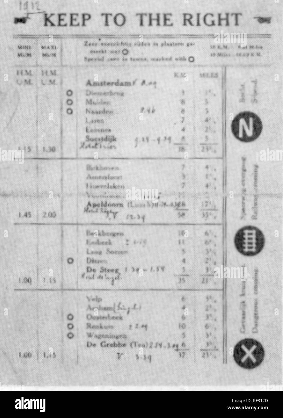 Routebeschrijving Anglo Dutch Zuverlässigkeit Studie 1912 Stockfoto
