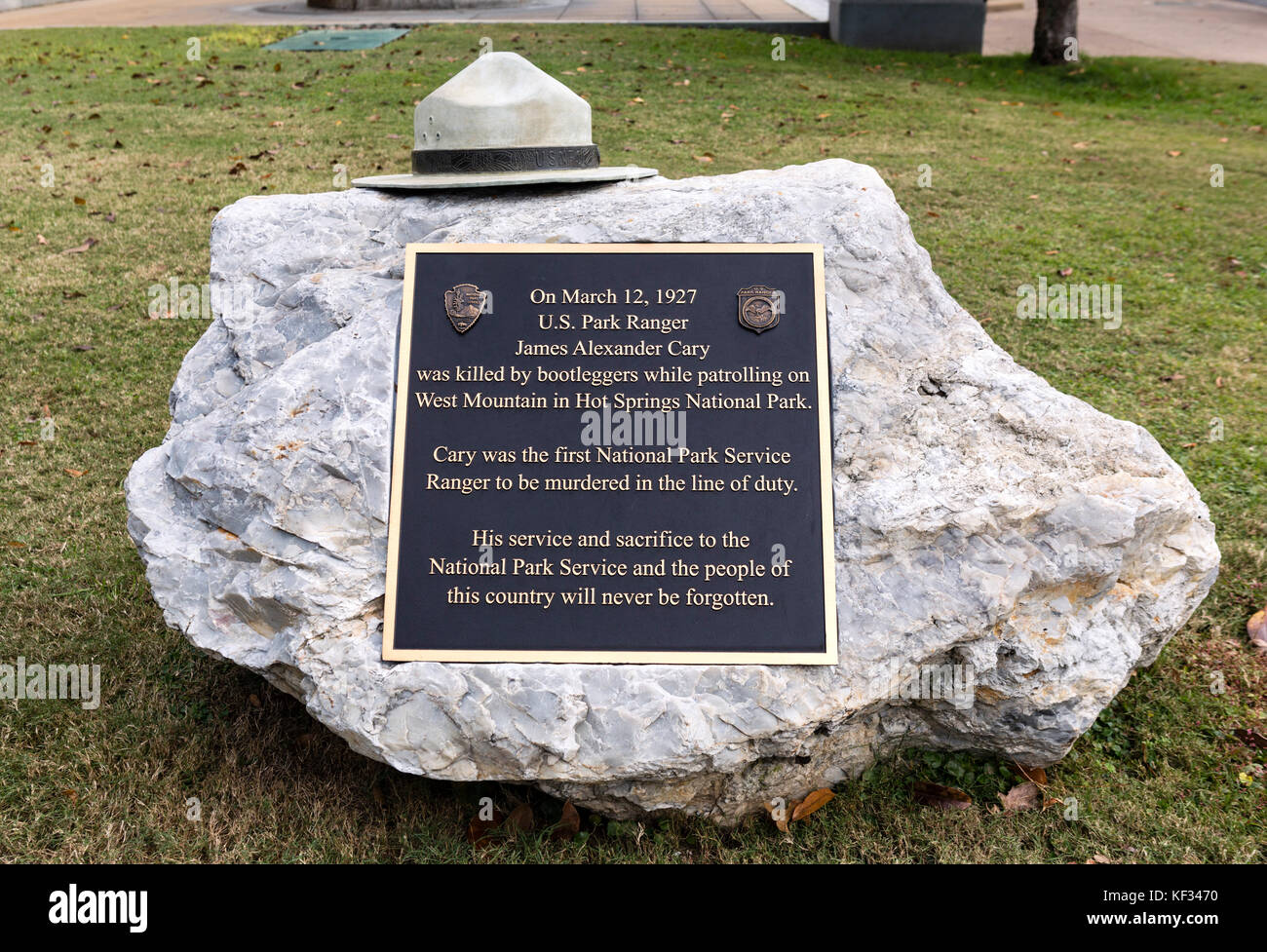 Denkmal für den ersten Nationalpark Ranger, die in der Linie der Aufgabe 1927, ermordeten, Hot Springs National Park, Hot Springs, Arkansas, USA Stockfoto