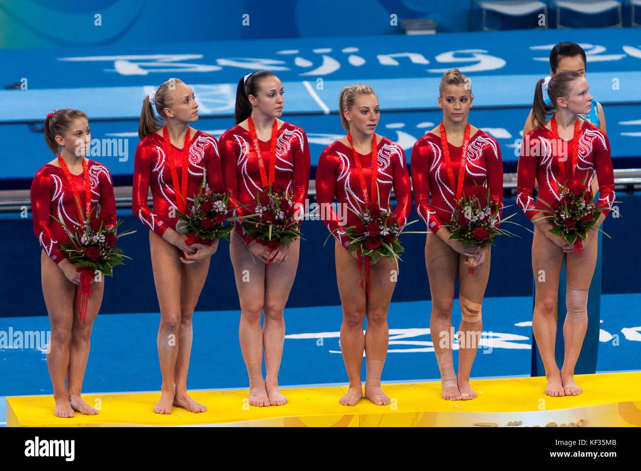 Team USA Silbermedaillengewinner beim Women Artistic Gymnastic Team Event bei den Olympischen Sommerspielen 2008 in Peking, China Stockfoto