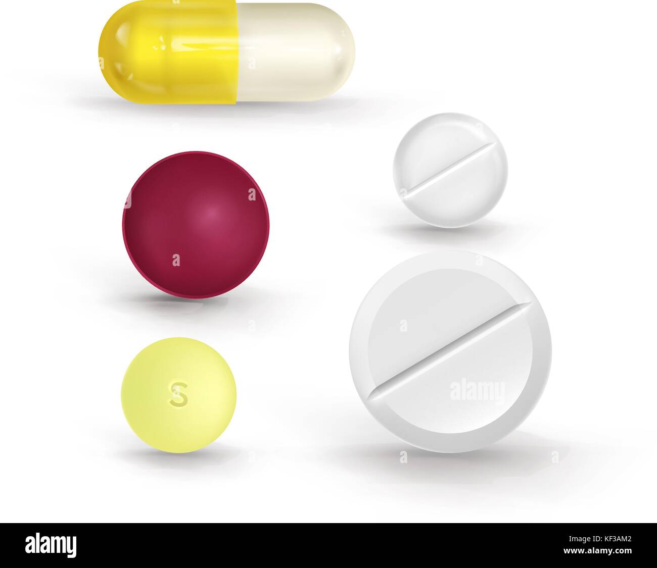 Eine Reihe von bunten Tabletten in verschiedenen Formen auf einem weißen Hintergrund. Kann für medizinische Websites verwendet werden. Wunderschöne realistische Vector Illustration Stock Vektor