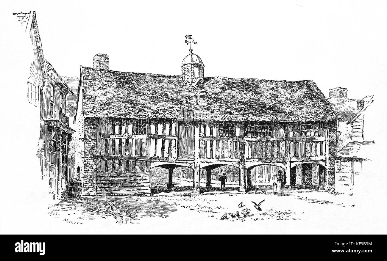 1890: Die alte Markthalle bei Llanidloes, um 1600 erbaut, es ist das einzige erhaltene Gebäude dieser Art in Wales. Assize courts wurden in die Halle um 1605 statt und John Wesley gepredigt von einer Kanzel Stein auf das offene Erdgeschoss in 1748. Powys, Mid-Wales, Vereinigtes Königreich Stockfoto 1890: Die alte Markthalle bei Llanidloes, um 1600 erbaut, es ist das einzige erhaltene Gebäude dieser Art in Wales. Assize courts wurden in die Halle um 1605 statt und John Wesley gepredigt von einer Kanzel Stein auf das offene Erdgeschoss in 1748. Powys, Mid-Wales, Vereinigtes Königreich Stockfoto
