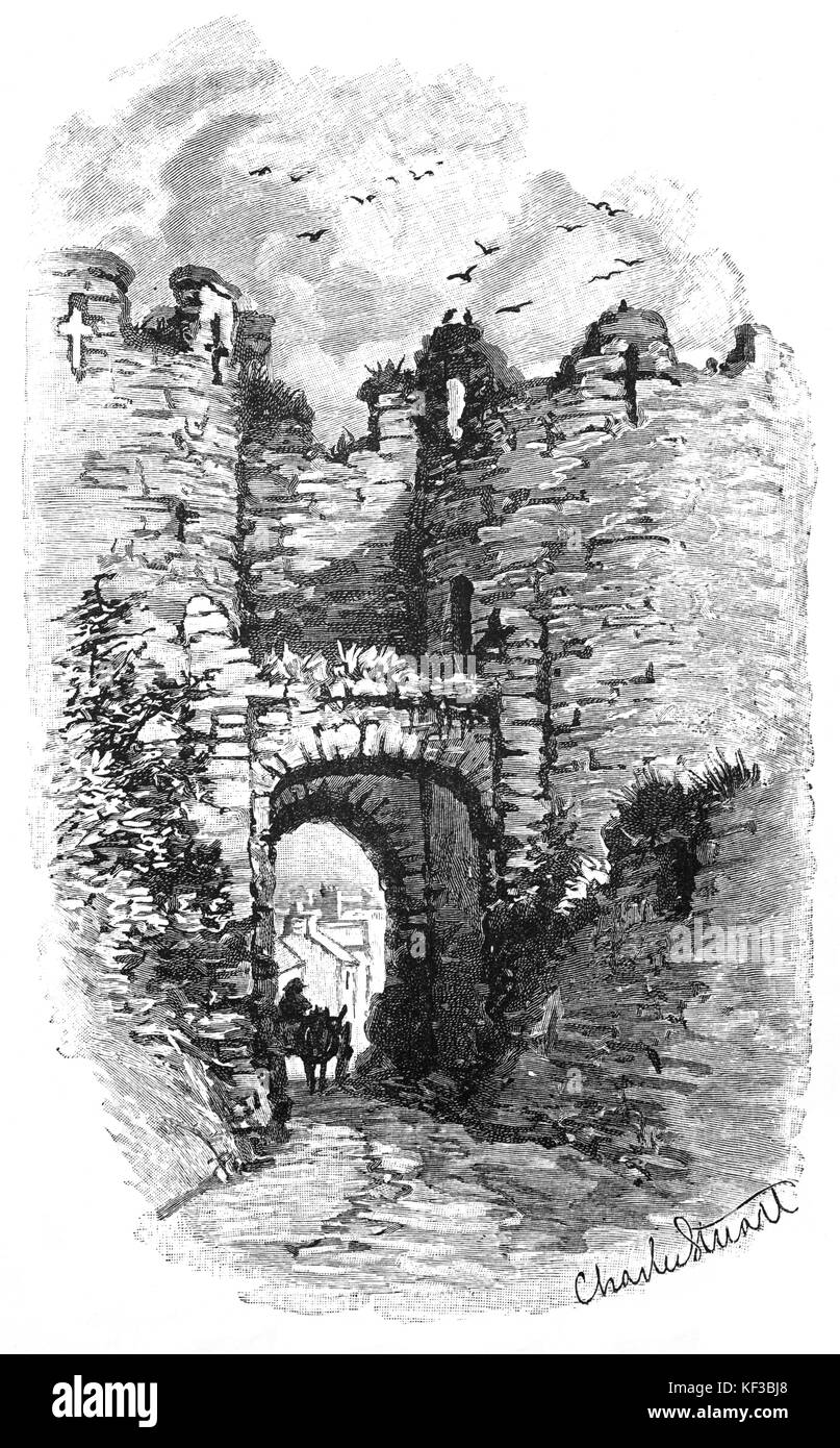 1890: ein Pferd und Wagen verlassen durch das obere Tor in der Stadtmauer, ein mittelalterliches defensive Struktur rund um die Stadt von Conwy in Nordwales. Die Wände waren zwischen 1283 und 1287 nach der Gründung von Conwy von Edward I und wurden entwickelt, um ein integriertes System der Verteidigung neben Conwy Castle in Form gebaut. Stockfoto