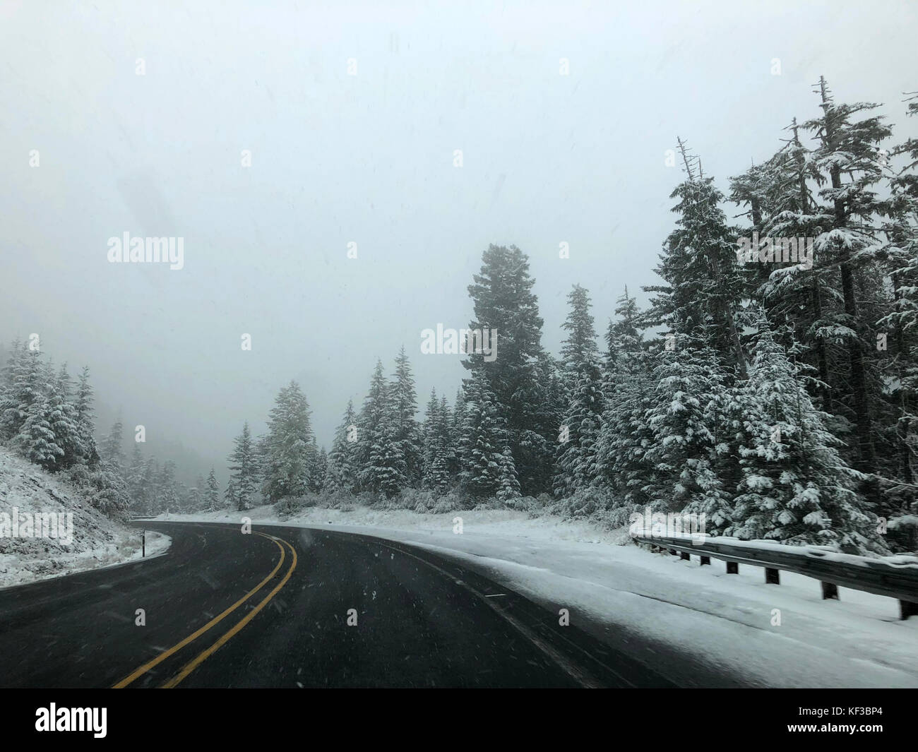 Die White Pass während eines Schneesturms Autobahn unter gefährlichen Bedingungen. Stockfoto