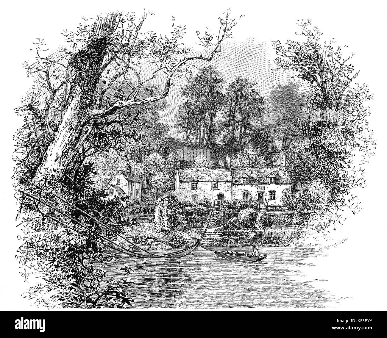 1890: Die Erbistock Fähre in der Nähe der Yacht Inn am Ufer des River Dee, Wrexham County Borough in Wales. Stockfoto