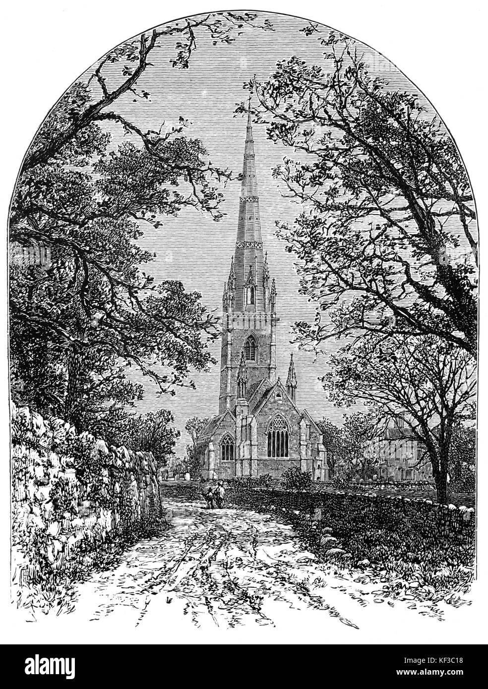 1890: 19 St Margaret's Church (Spitzname der Marmor Kirche), Bodelwyddan, ist eine verzierte gotische Pfarrkirche im unteren Tal der Clwyd in Denbighshire, Wales. Die Turmspitze steigt auf 202 Meter. Stockfoto
