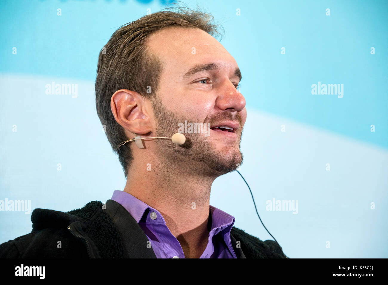 Nick Vujicic, ein australischer Coach und Motivationstrainer, mit Tetra geboren - Amelia Syndrom, gibt eine Pressekonferenz in Sotschi, Russland Stockfoto