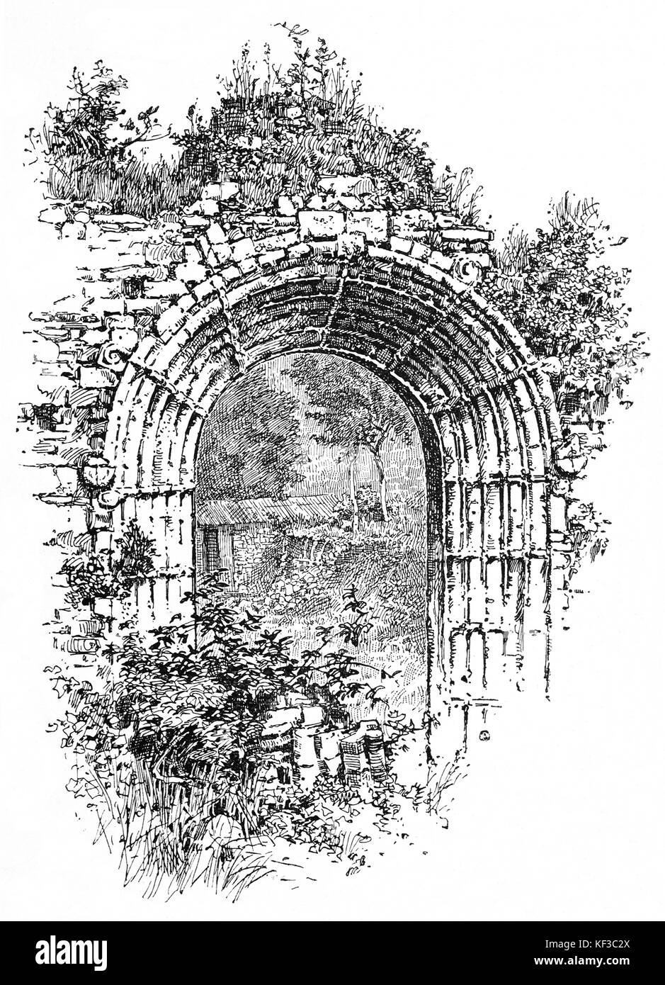 1890: Ruinen einer romanische Tür in Strata Florida Abbey ist eine ehemalige Zisterzienserabtei in 1164 gegründet, etwas außerhalb, in der Nähe von Pontrhydfendigaid Tregaron in der Grafschaft Ceredigion, Mid-Wales. Es wurde aufgelöst und in 1539 entlassen während Henry VIII. die Unzufriedenheit mit der Katholischen Kirche in Rom. Stockfoto