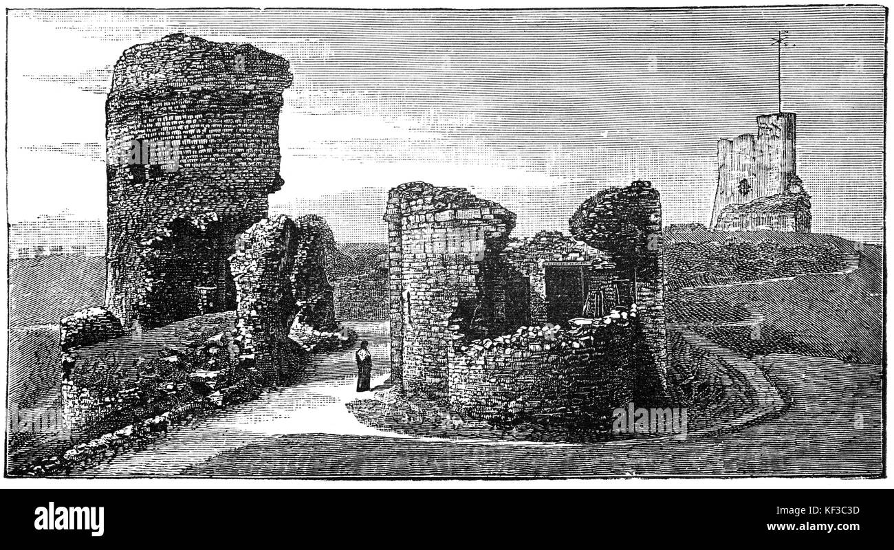 1890: Aberystwyth Castle ist ein edwardianisches Festung in Aberystwyth, Ceredigion, Wales, in der Antwort auf die erste Walisische Krieg im späten 13. Jahrhundert gebaut. Während einer nationalen Aufstand von owain Glyndŵr, der Waliser das Schloss im Jahr 1404 erfasst, aber es wurde von der Englischen vier Jahre später wieder eingefangen. 1637 wurde es ein Royal Mint von Charles I und produziert Silber Schilling. Stockfoto